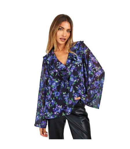 Blouse Manches À Volant Motif/style Floral Femme Noir Influence
