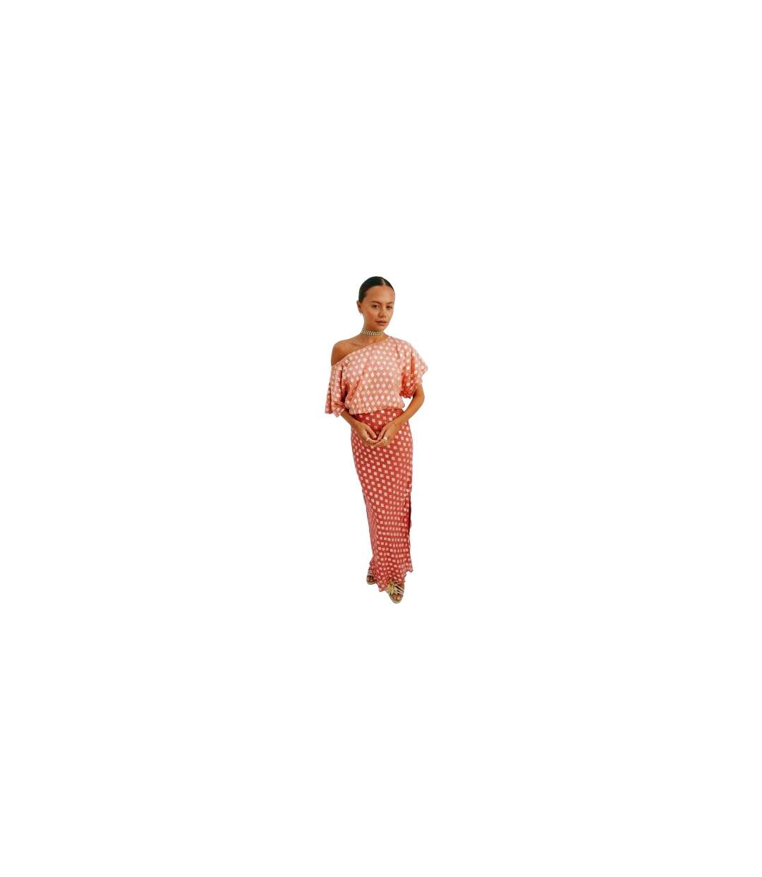 Robe Longue Asymétrique À Manches Bouffantes Et Motif Géométrique Femme Rose Never Fully Dressed-1