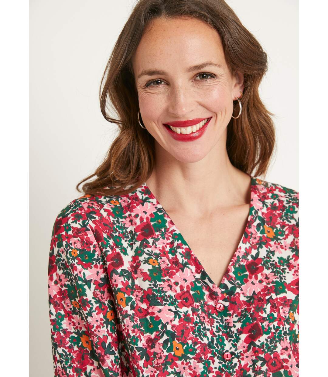 Robe courte évasée fleurie col V boutonné-3