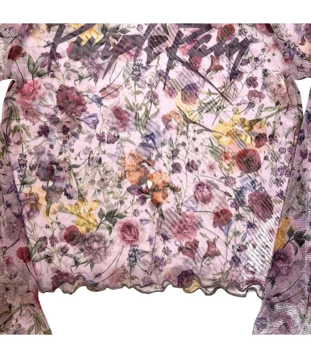 Womens/ladies Purple Rain Floral Mesh Logo Long-sleeved Crop Top Pink Prince-3