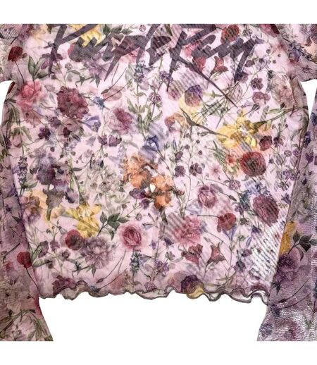 Womens/ladies Purple Rain Floral Mesh Logo Long-sleeved Crop Top Pink Prince