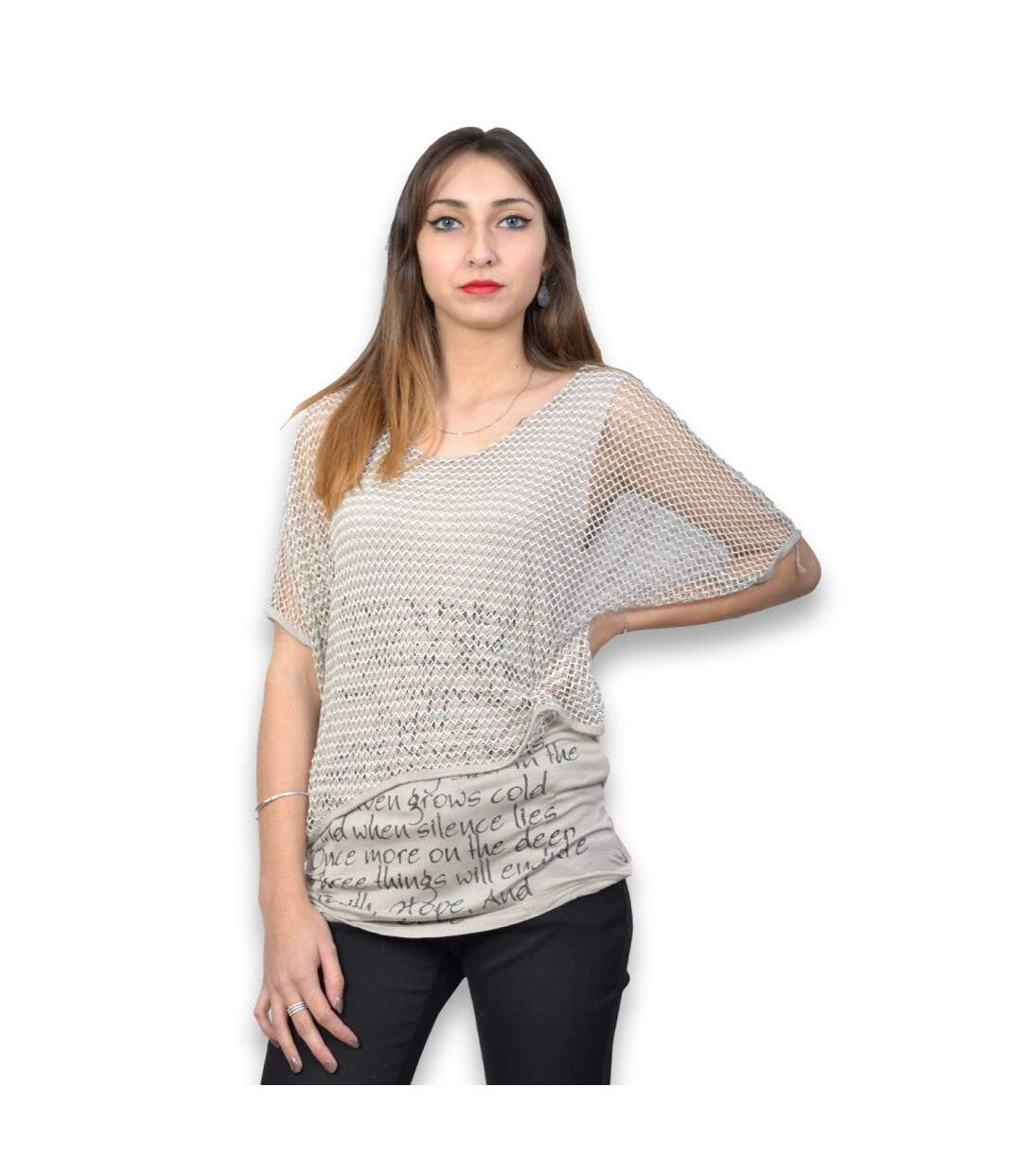 Tunique femme comprenant 2 pièces - Top manches trois quart - Beige