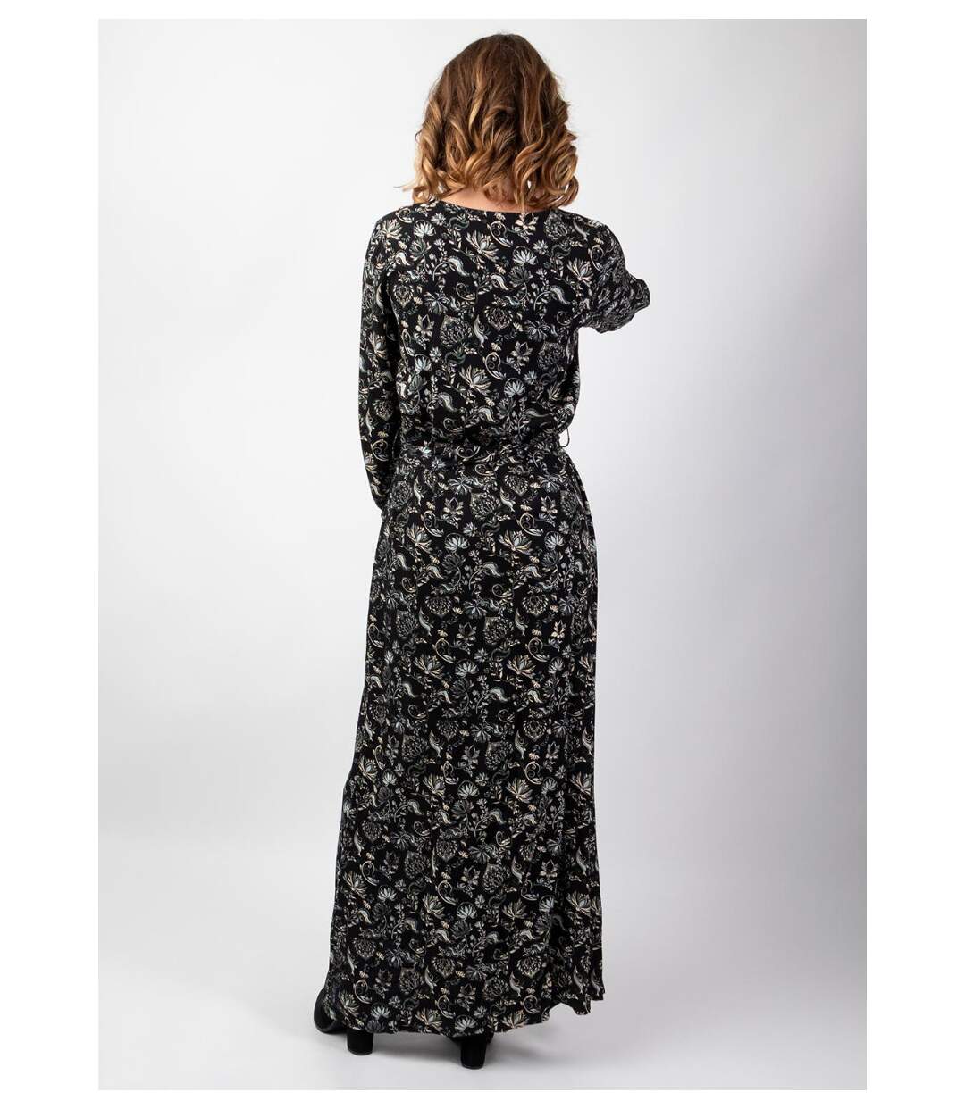 Robe longue hiver en twill de viscose GAYA motif ethnique noir Coton Du Monde-4