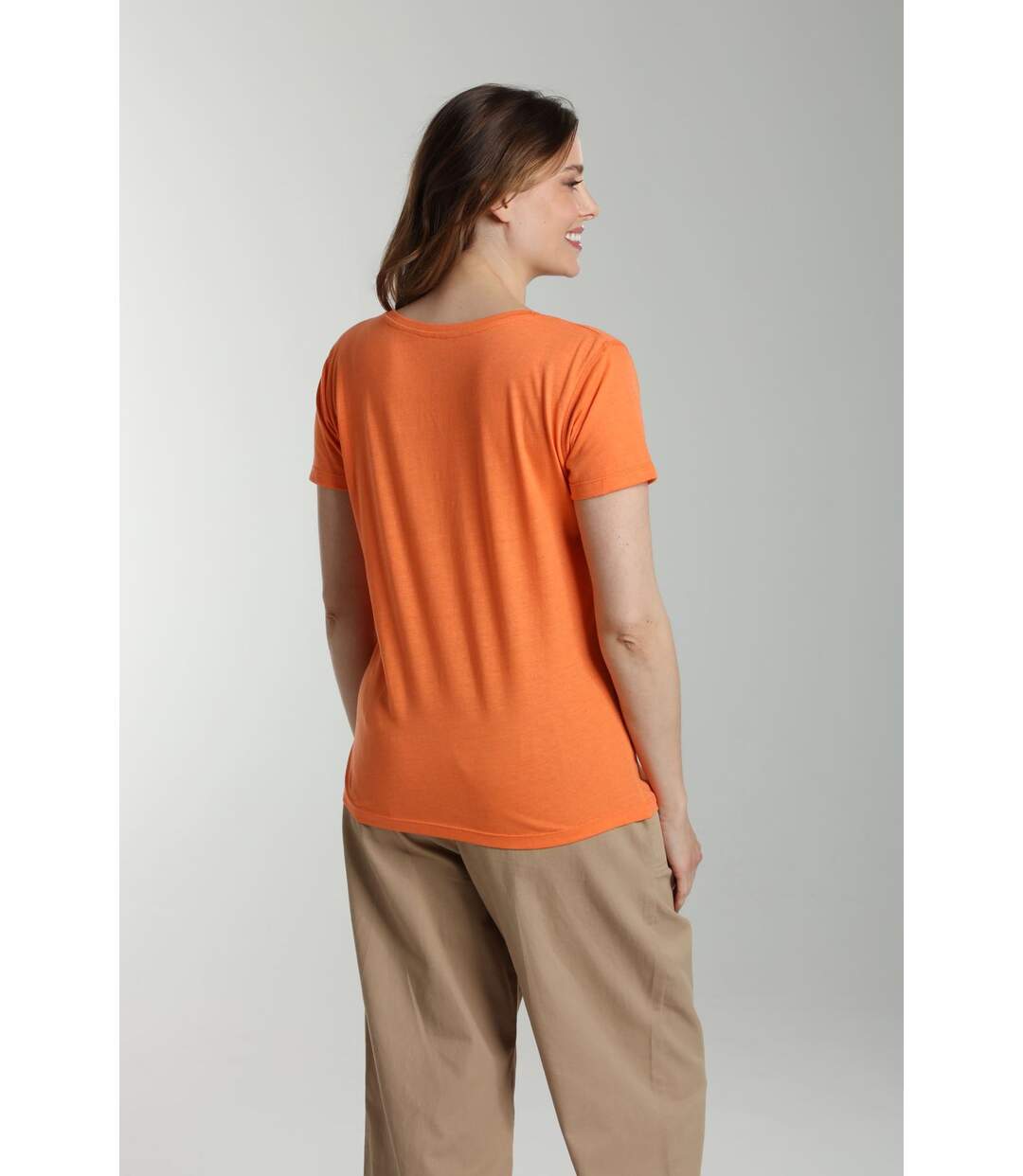 Tee shirt col v manches courtes femme Maddy Corail Rose(Orange) | Gerard Pasquier-4