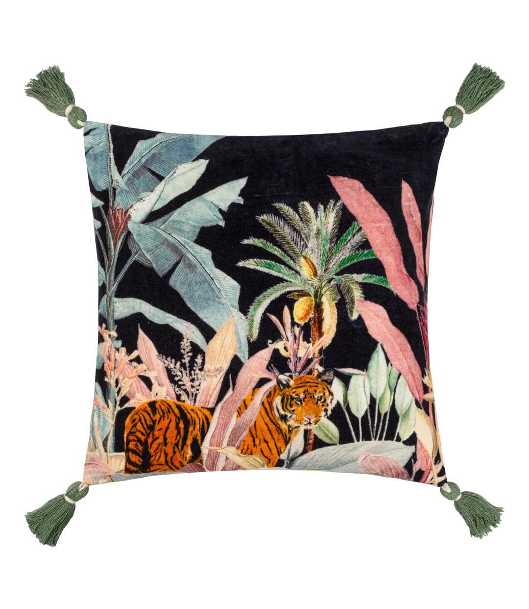 Midnight jungle velvet tassel cushion cover 50cm x 50cm noir Wylder-1