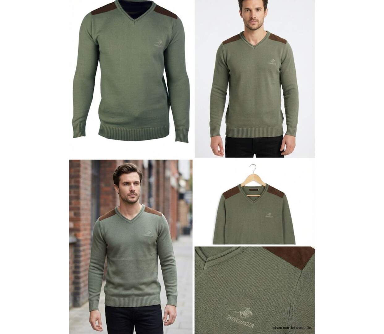 Pull Col V Homme Winchester Panel2 Vert Marine avec Renforts Suédine-3