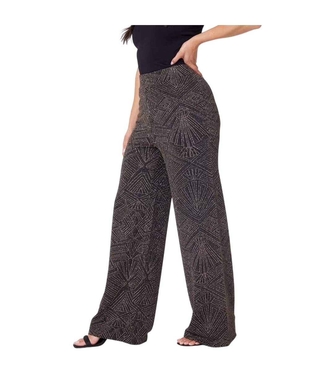 Womens/ladies Lurex Geometric High Rise Wide Leg Trousers Gold Silver Be You-3