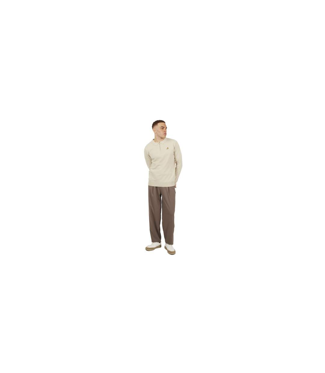 Mens Knitted Quarter Zip Long-sleeved Polo Shirt Oat Brave Soul-1