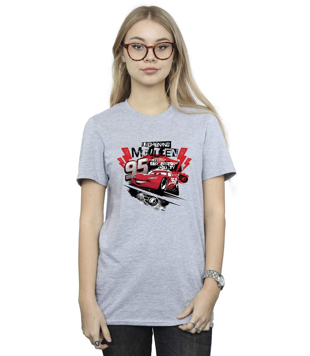 Disney Femme/Ladies Cars Lightning McQueen Collage Cotton Boyfriend T-Shirt (Gris sportif) - UTBI16204-2