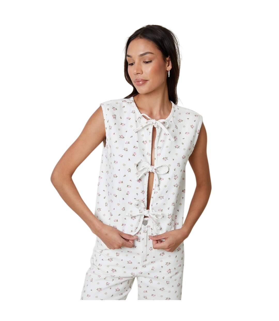 Womens/ladies Floral Front Tie Sleeveless Top White Threadbare-4