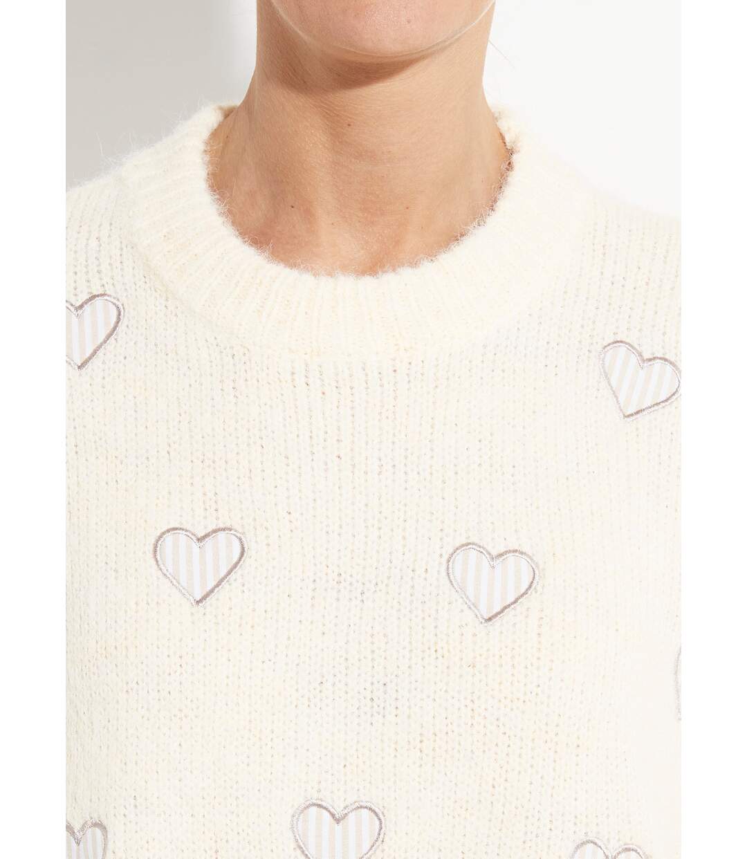 Pull col rond coeurs rayés avec laine-4