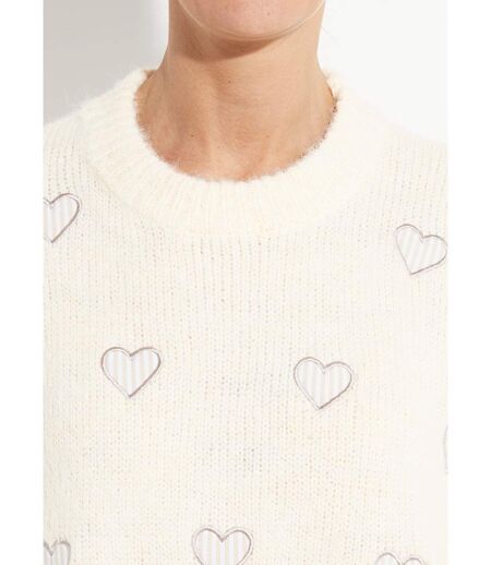 Pull col rond coeurs rayés avec laine