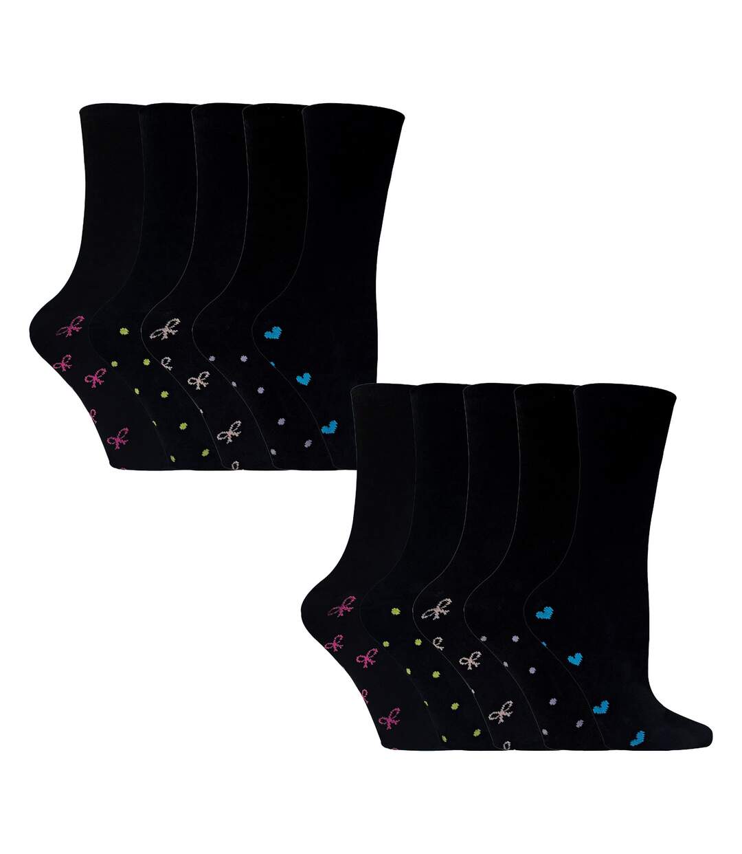 10 Pairs Ladies Black Cotton Crew Socks Hearts & Bows Everyday Socks-1