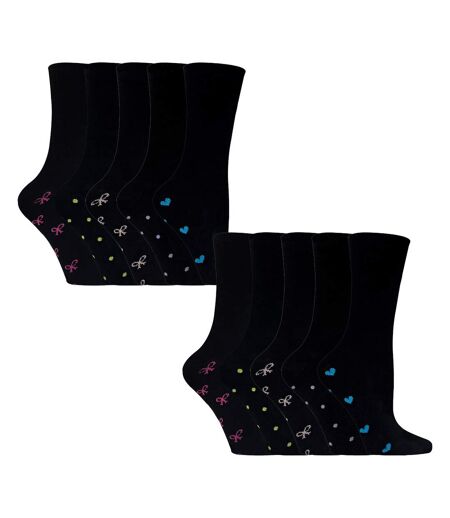 10 Pairs Ladies Black Cotton Crew Socks Hearts & Bows Everyday Socks