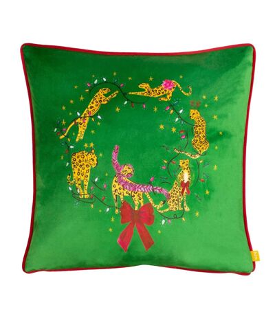 Purrfect velvet leaping leopards cushion cover 43cm x 43cm green/gold/red Furn