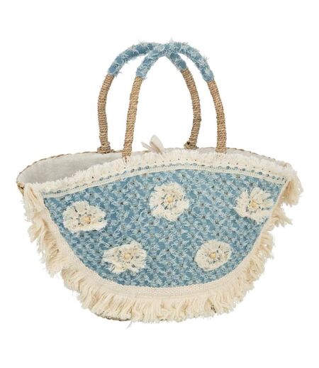 Sac de Plage Fleurs Denim 59cm Naturel & Bleu