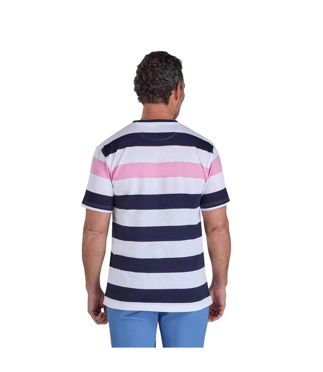T-shirt Motif/style Rayures Contrastées Homme Blanc Bleu Marine Rose Raging Bull-3