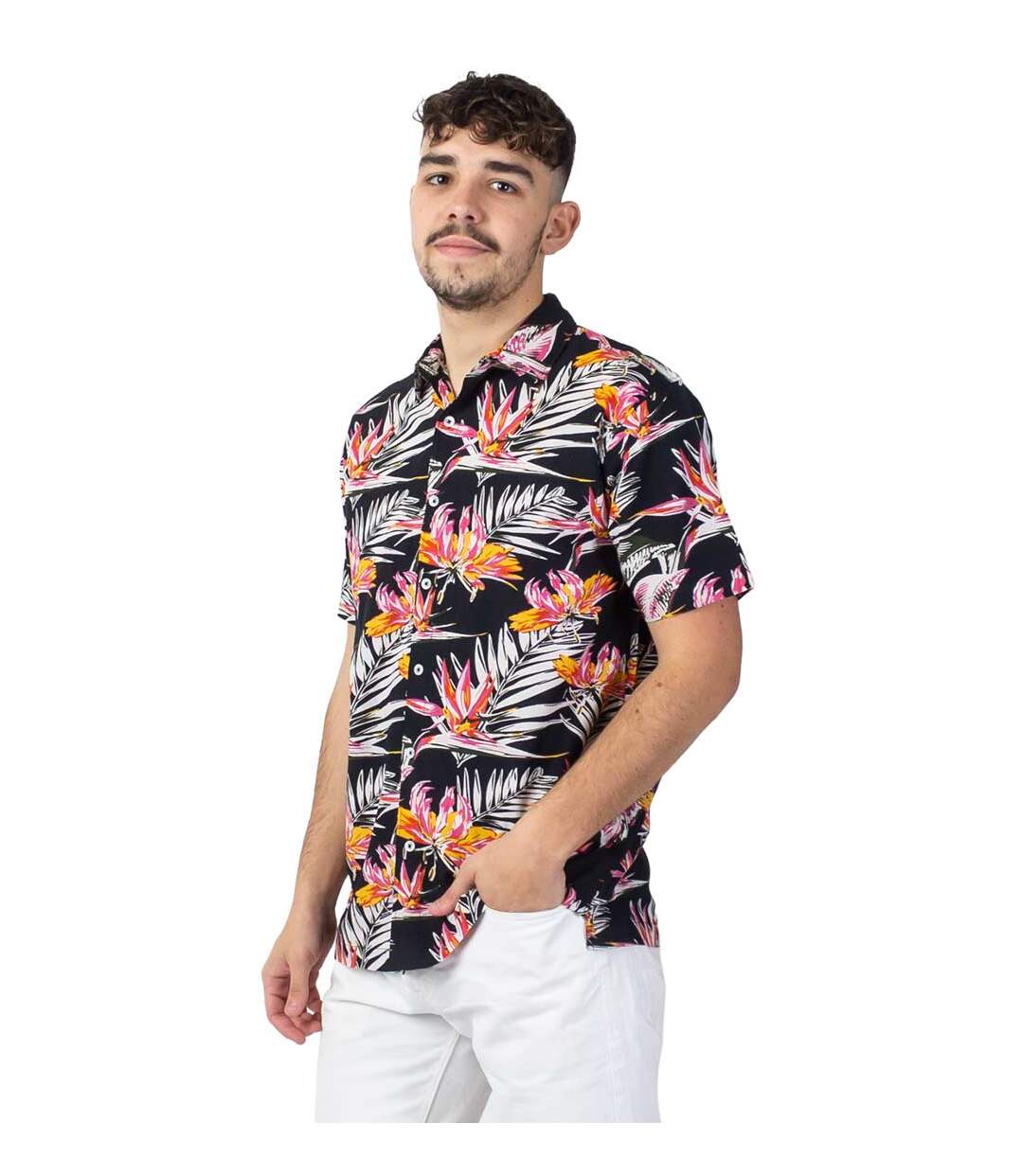 Chemise homme manches courtes LORENZO imprimé tropical noir Coton Du Monde