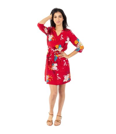 Robe courte manches 3/4 fluide LEYLA imprimé fleuri rouge Coton Du Monde