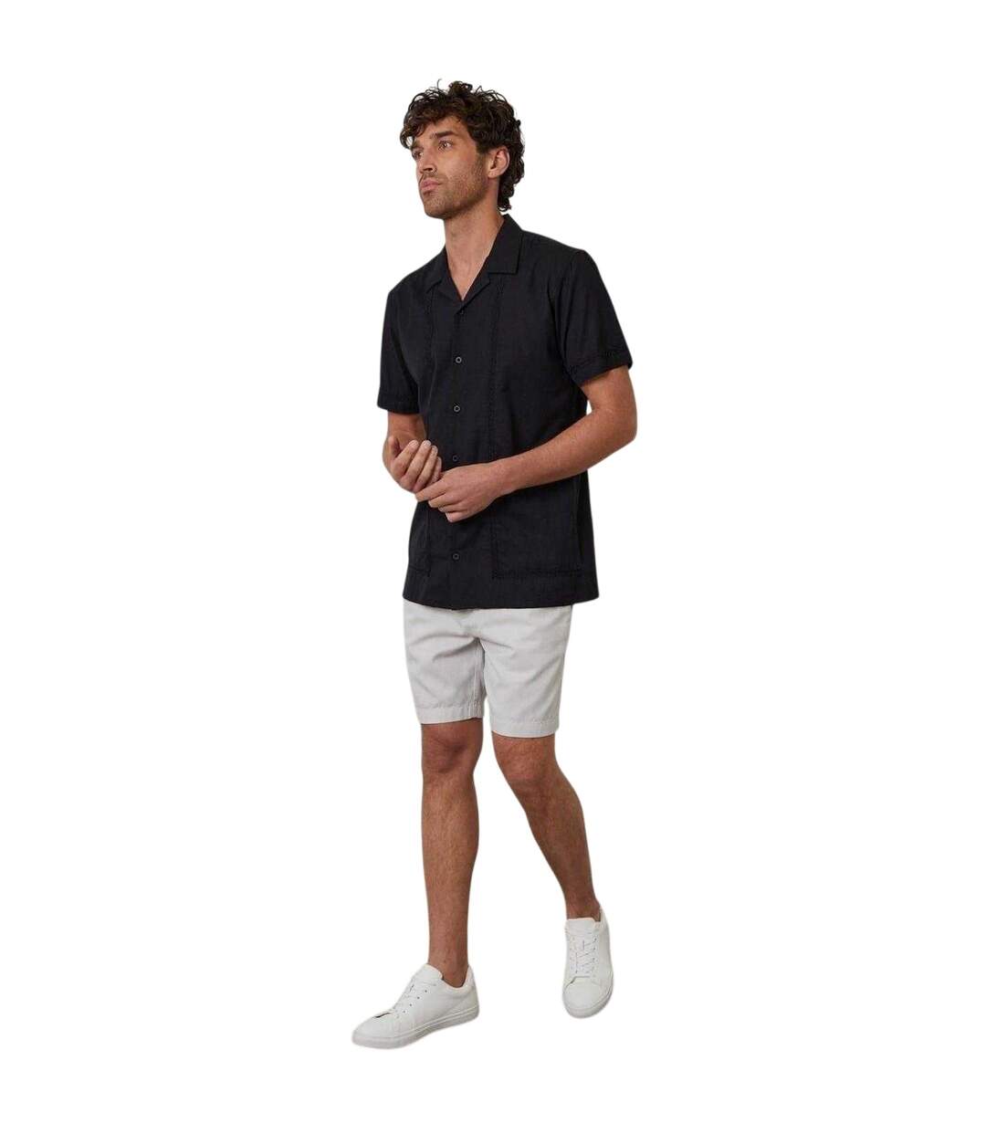 Mens Embroidered Collared Short-sleeved Bowling Shirt Black Threadbare-1