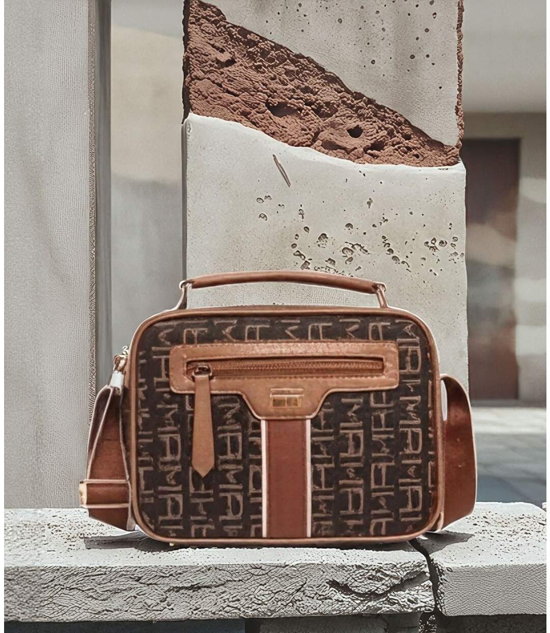 Sac à main femme - Motifs graphiques sur fond noir -  Plusieurs compartiments-4