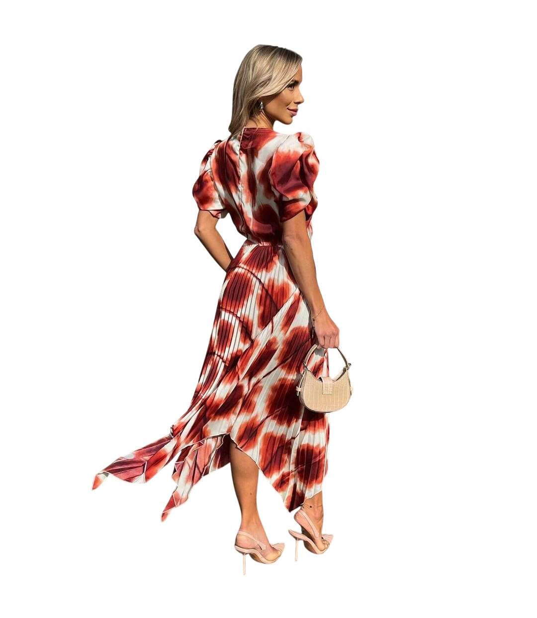 Robe Mi-longue Manches Bouffantes Femme Rouge Pastel AX Paris-3