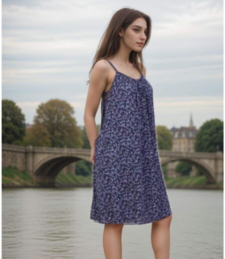 Robe d'été légère à  bretelles pour femme - Coupe ample - Bleu marine fleuri - Taille unique 36/38