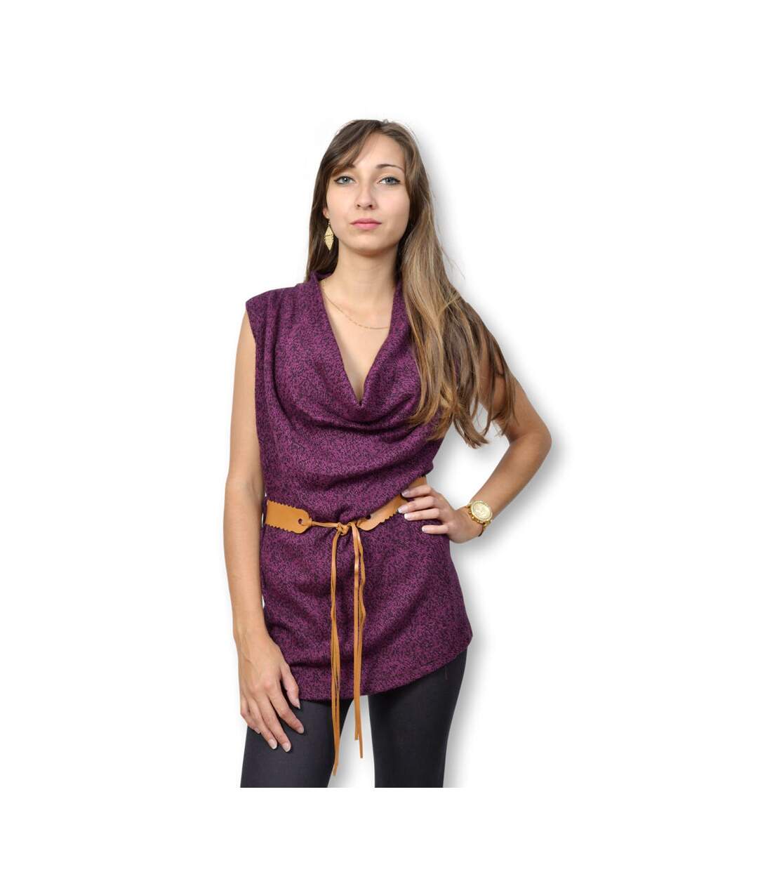 Pull tunique femme sans manche de couleur violet-1