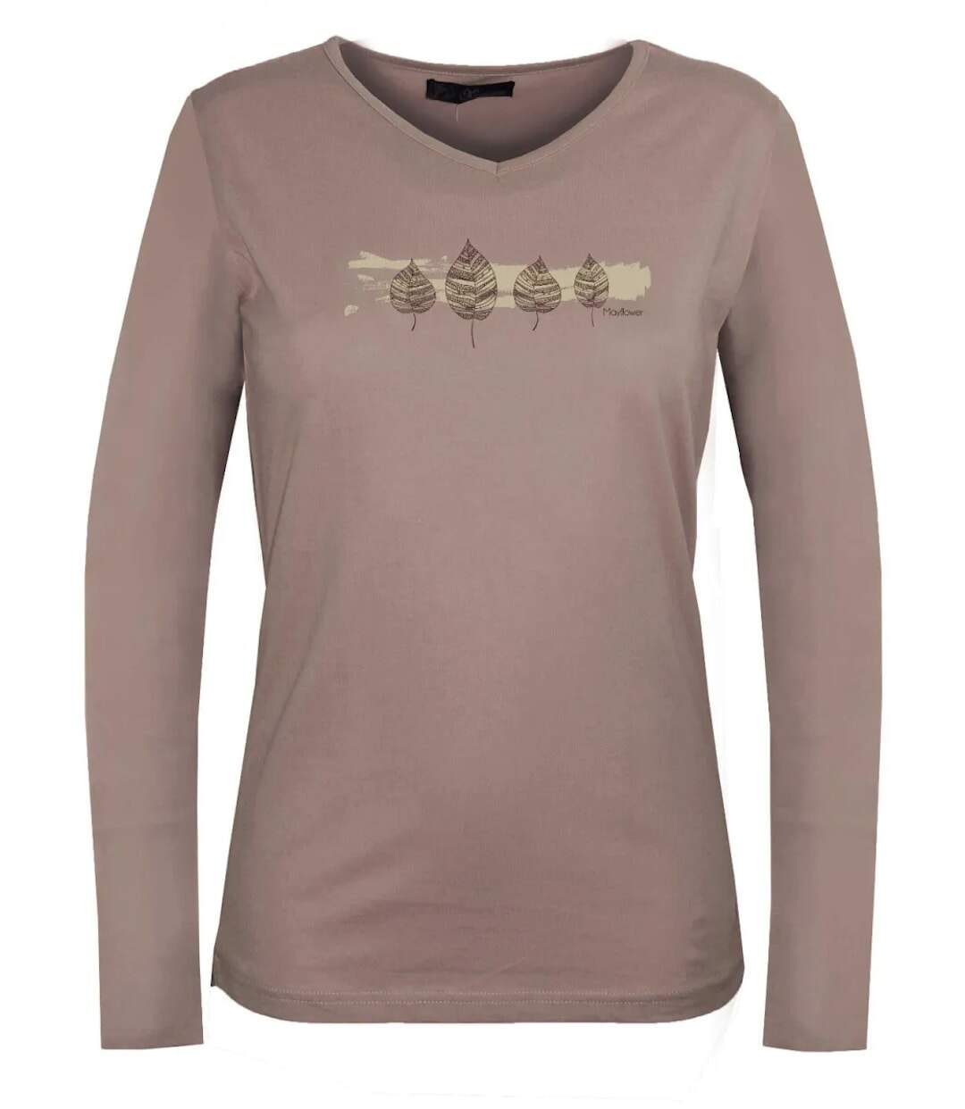 Mayflower NERVAL5 : Tee-shirt femme manches longues beige en coton avec petit col V-5
