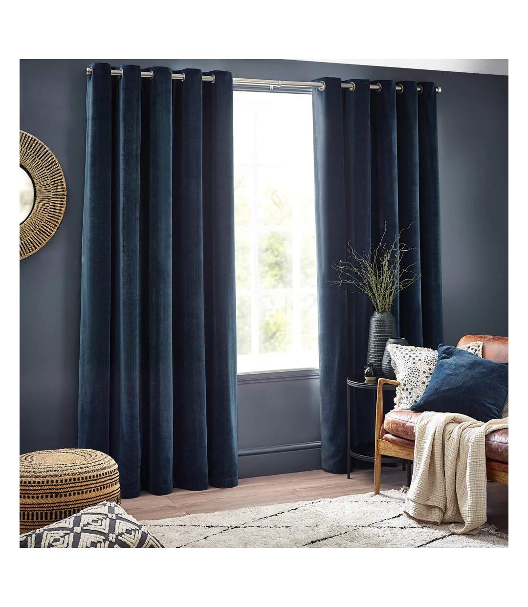 Chenille velvet eyelet curtains 117cm x 183cm navy Yard-1