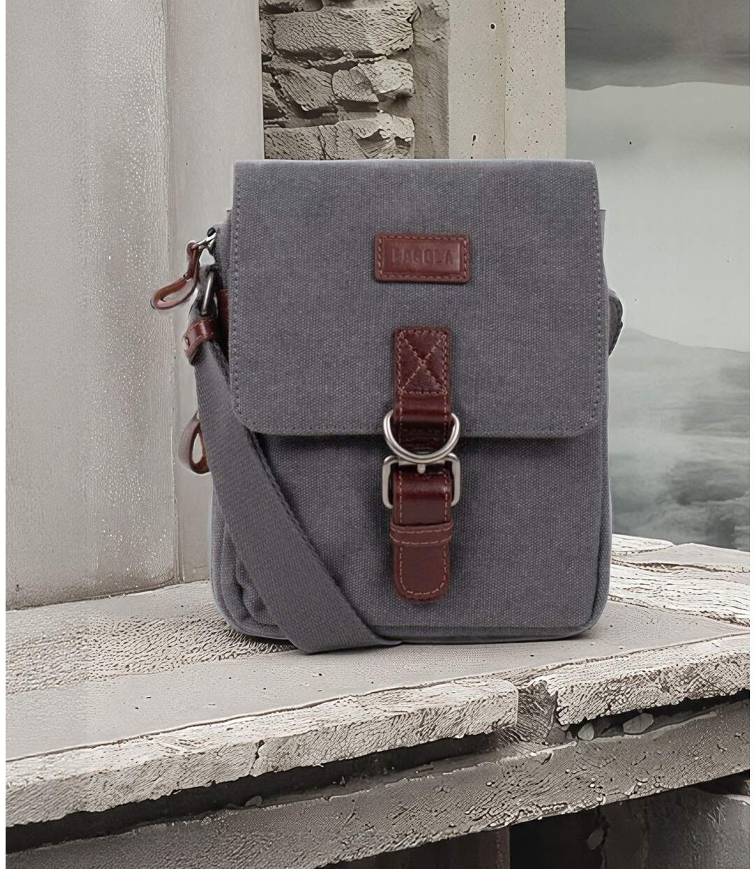 Sacoche bandoulière homme en toile et cuir gris - multi-poches, poignée et bandoulière réglable-5