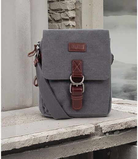 Sacoche bandoulière homme en toile et cuir gris - multi-poches, poignée et bandoulière réglable