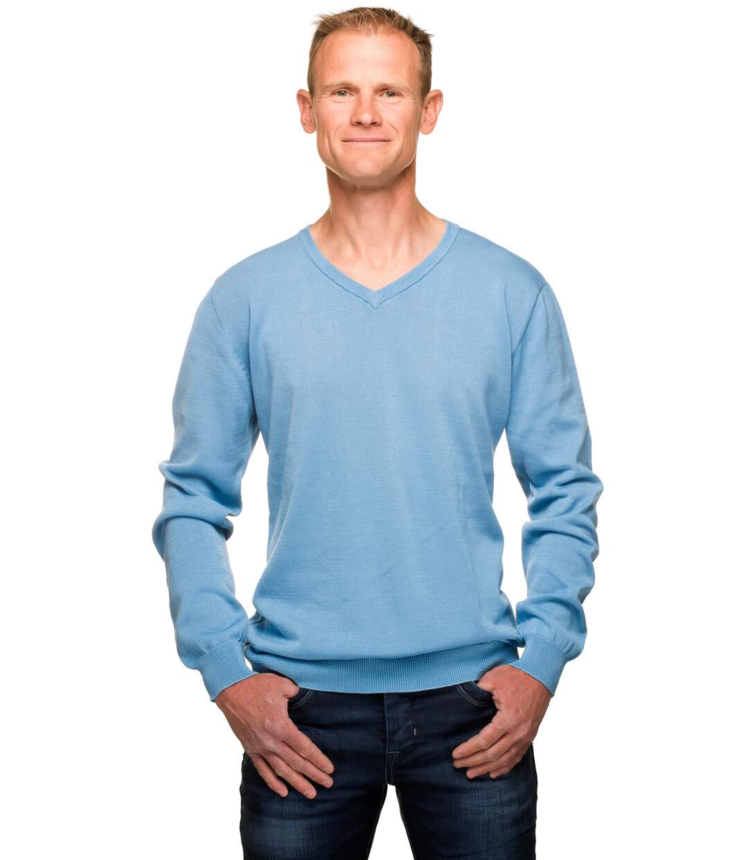 Pull coton homme col V bleu ciel mercerisé