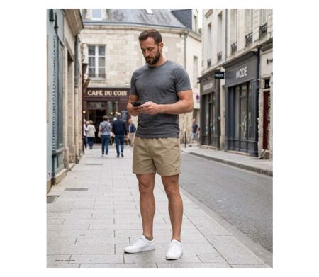 Short homme CHALLENGER 710095U001 beige : le bermuda 3 poches en pur coton pour l'été