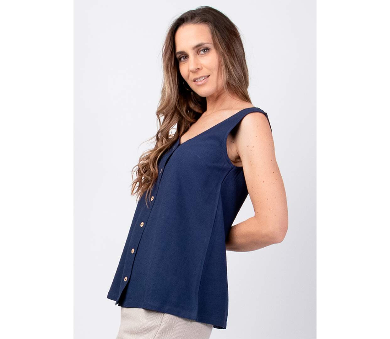 Top femme été sans manches SABINE uni bleu marine Coton Du Monde-3