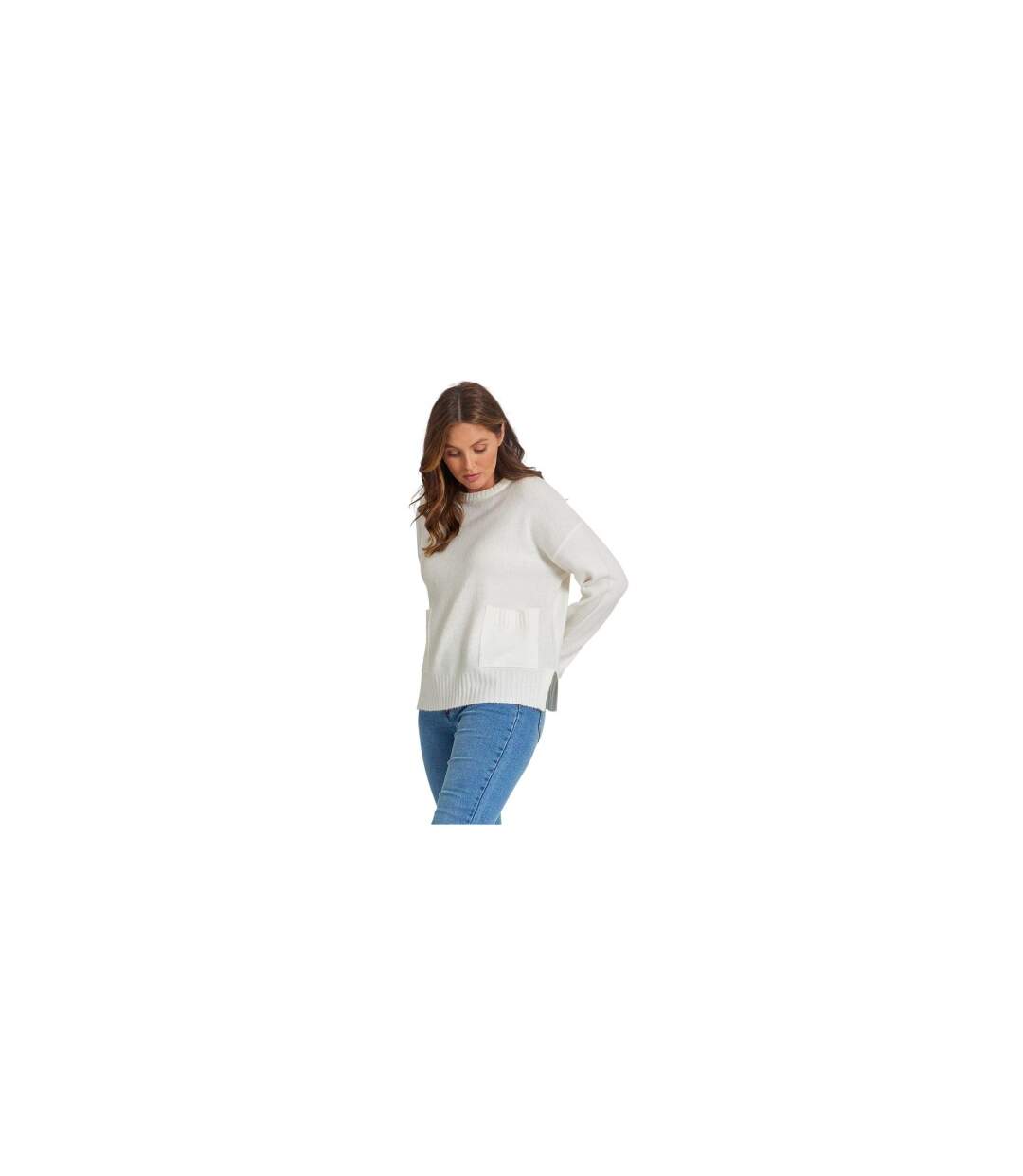 Womens/ladies Pocket Crew Neck Sweater Top Cream Be You-1
