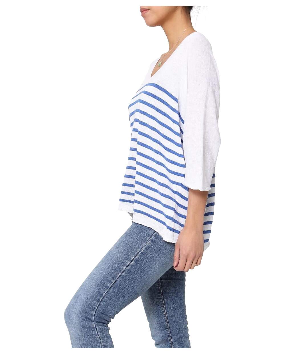 Pull femme rayé - Pull col en V - Manches 3/4 - Couleur blanc