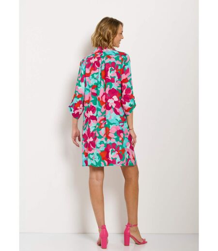 Robe-chemisier courte fleurie manches 3/4 retroussables
