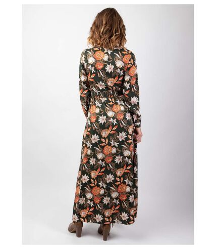 Robe longue fendue en viscose soyeux hiver CALISSA motif floral kaki Coton Du Monde