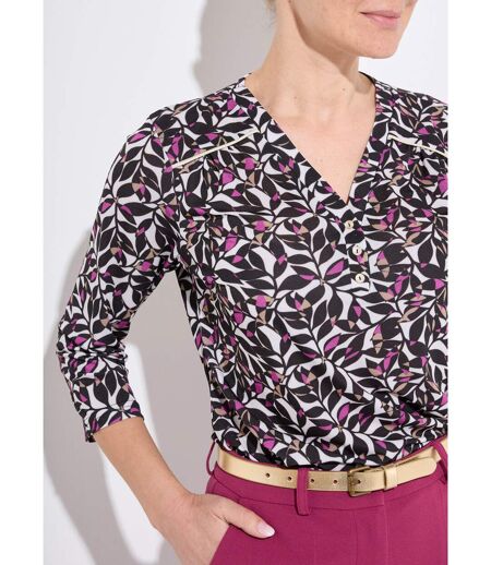 T-shirt court col V manches 3/4 imprimé feuilles