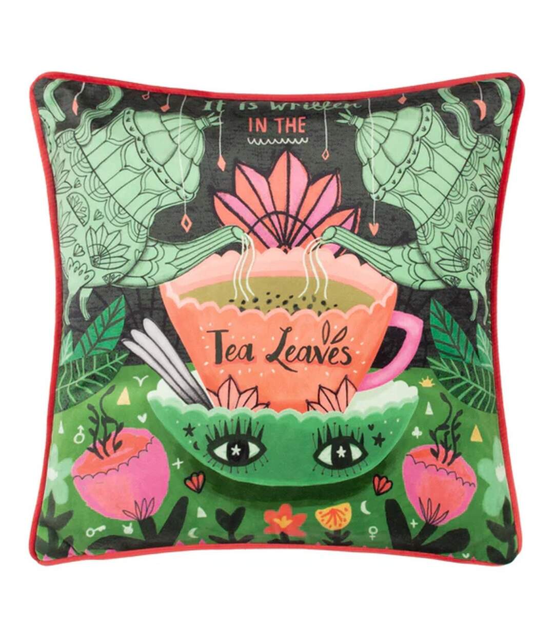 Tea leaves illustration cushion cover 43cm x 43cm green/black Kate Merritt