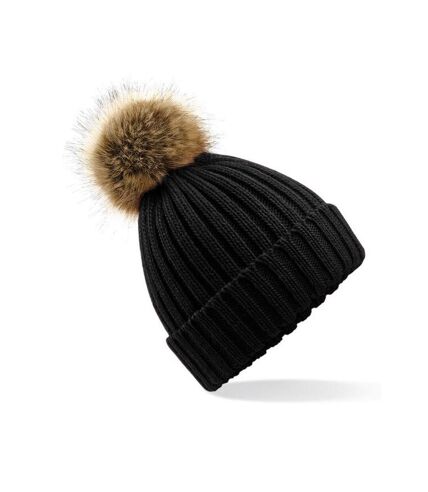 Pom pom faux fur chunky knit beanie black Beechfield