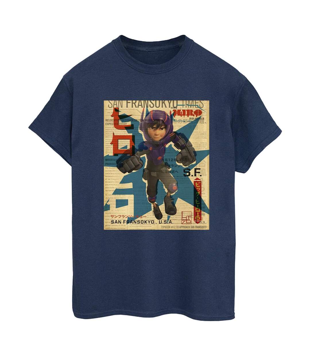 Disney Femme/Les femmes Big Hero 6 Baymax Hiro Newspaper Coton Boyfriend T-Shirt (Bleu marine) - UTBI15473-1