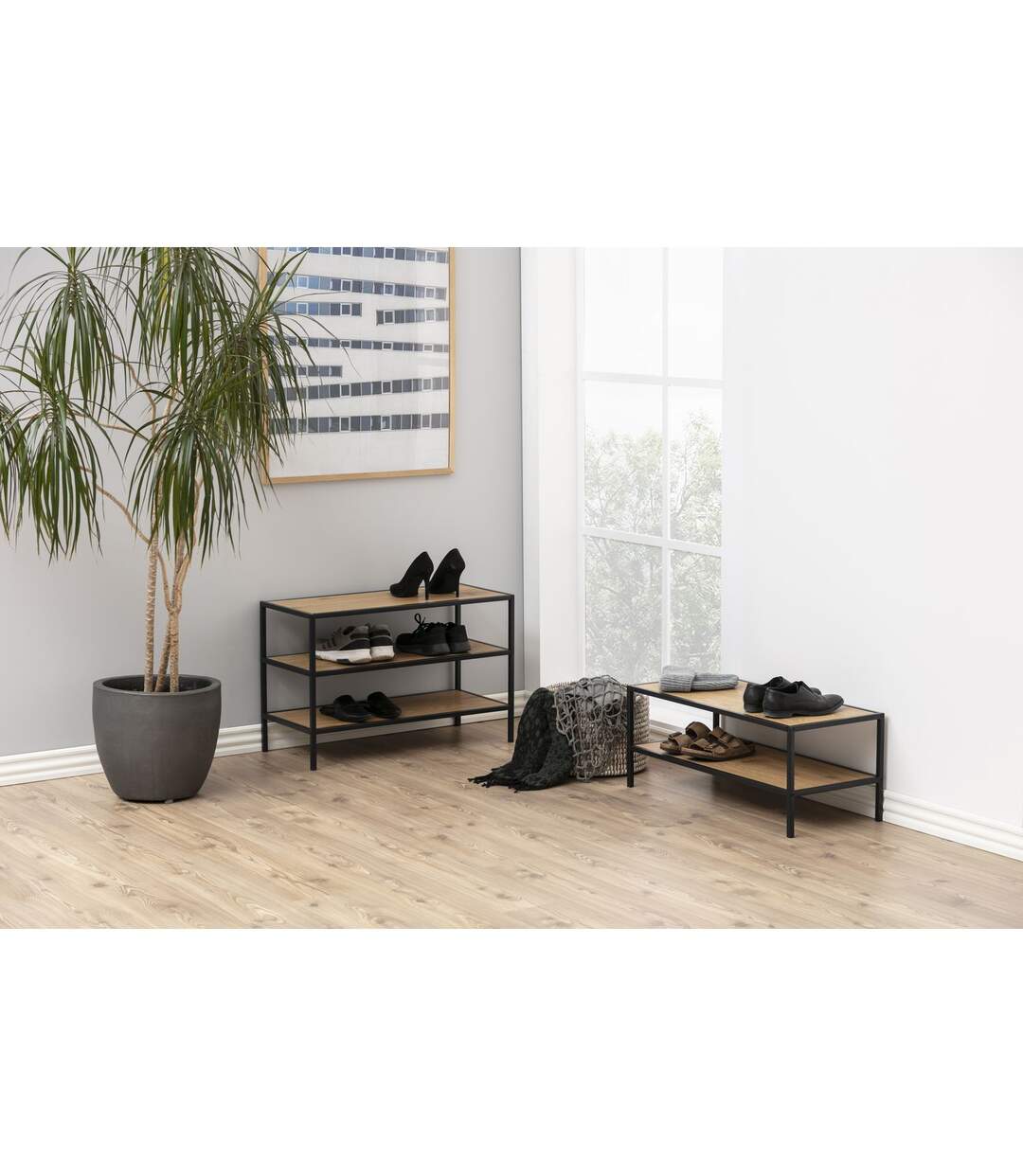 Meuble à chaussures ajouré 3 niveaux en MDF et Métal - Noir et Beige-2