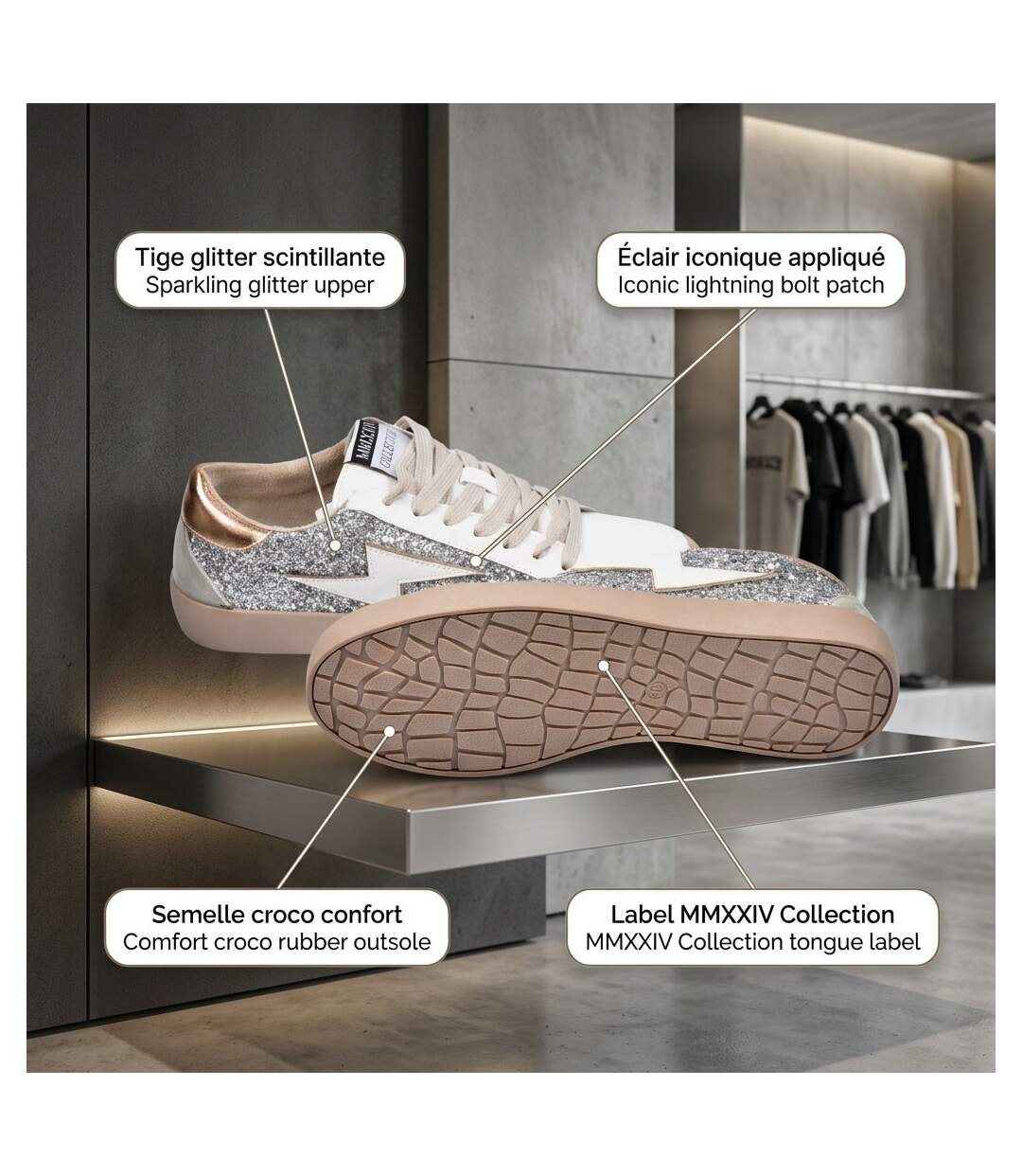 OZABI Baskets Sneakers Glitter Femme Éclair Plateforme MMXXIV 36-41-4