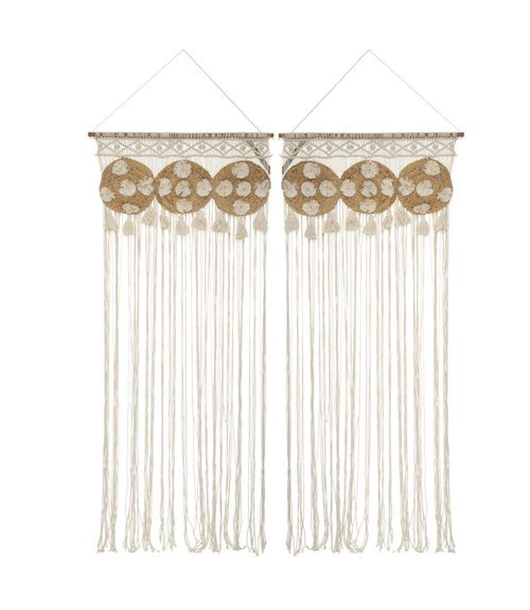 Lot de 2 Rideaux de fils détails macramé et pompons - 90 x 200 cm - Beige-1