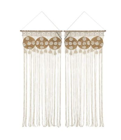 Lot de 2 Rideaux de fils détails macramé et pompons - 90 x 200 cm - Beige