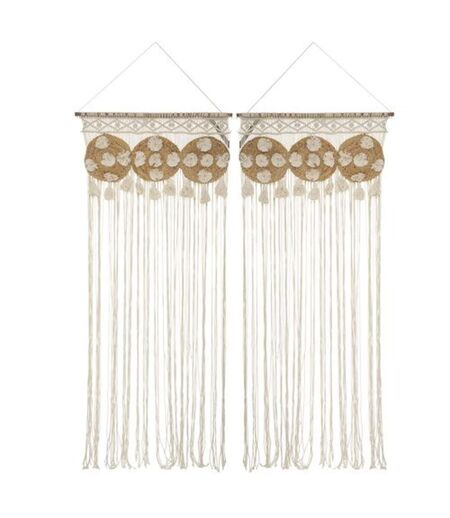 Lot de 2 Rideaux de fils détails macramé et pompons - 90 x 200 cm - Beige