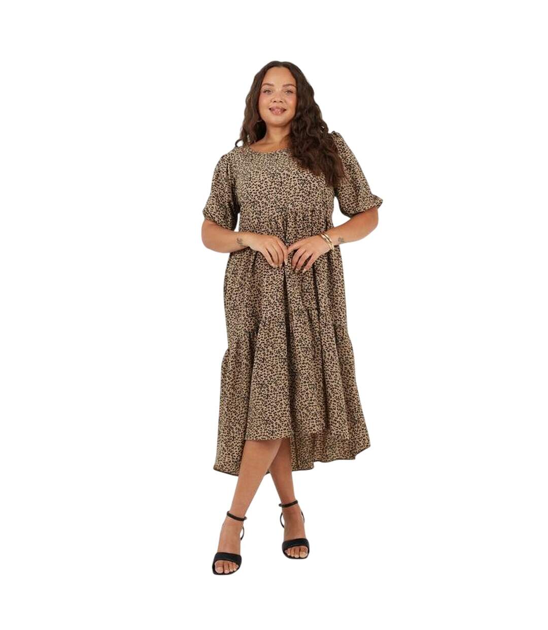 Womens/ladies Tiered Crew Neck Short-sleeved Midi Dress Brown Black Brave Soul-1