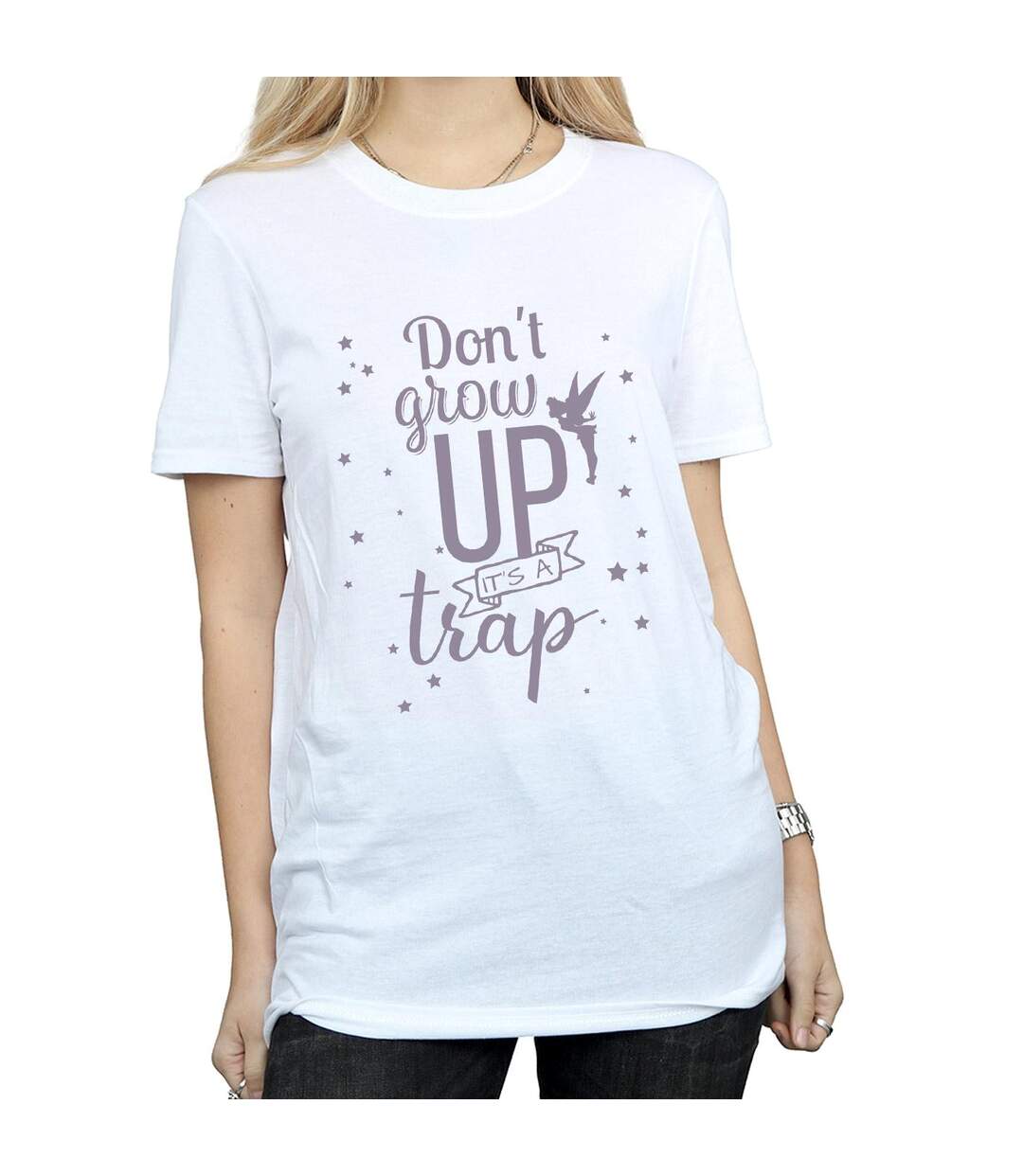 Disney Womens/Ladies Tinker Bell Don't Grow Up Cotton Boyfriend T-Shirt (Blanc) - UTBI46446-3